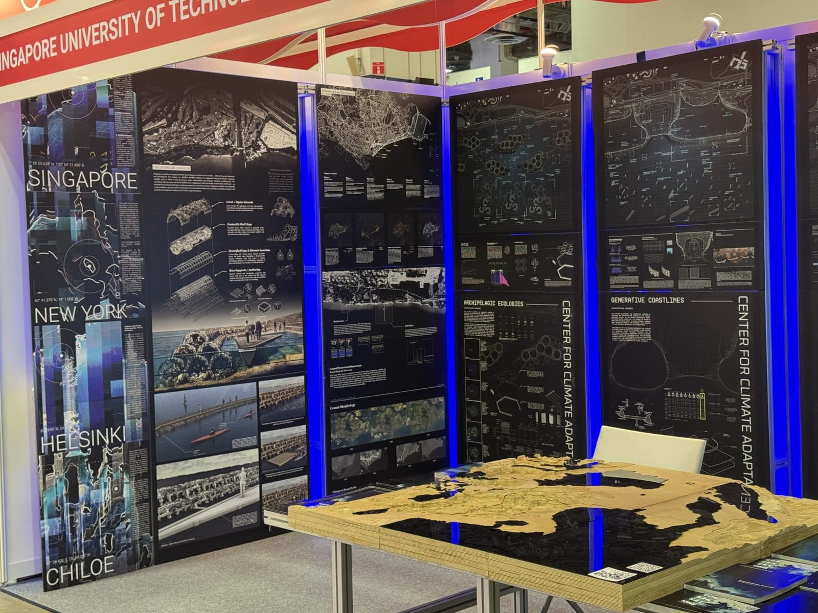 CCA exhibition panels and a physical coastal model at Marina Bay Sands
