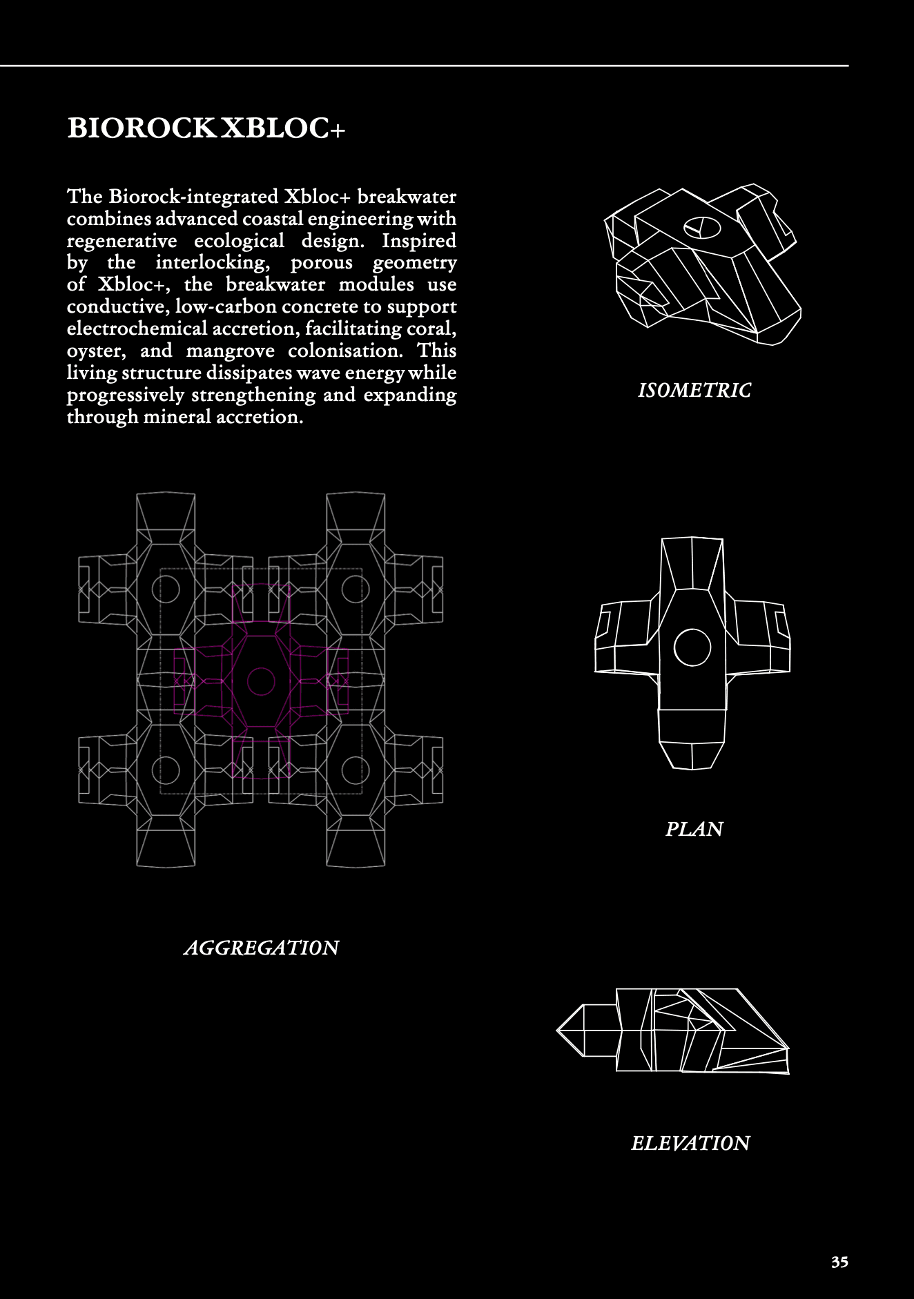 Biorock XBloc+ — module plan, elevation and accretion