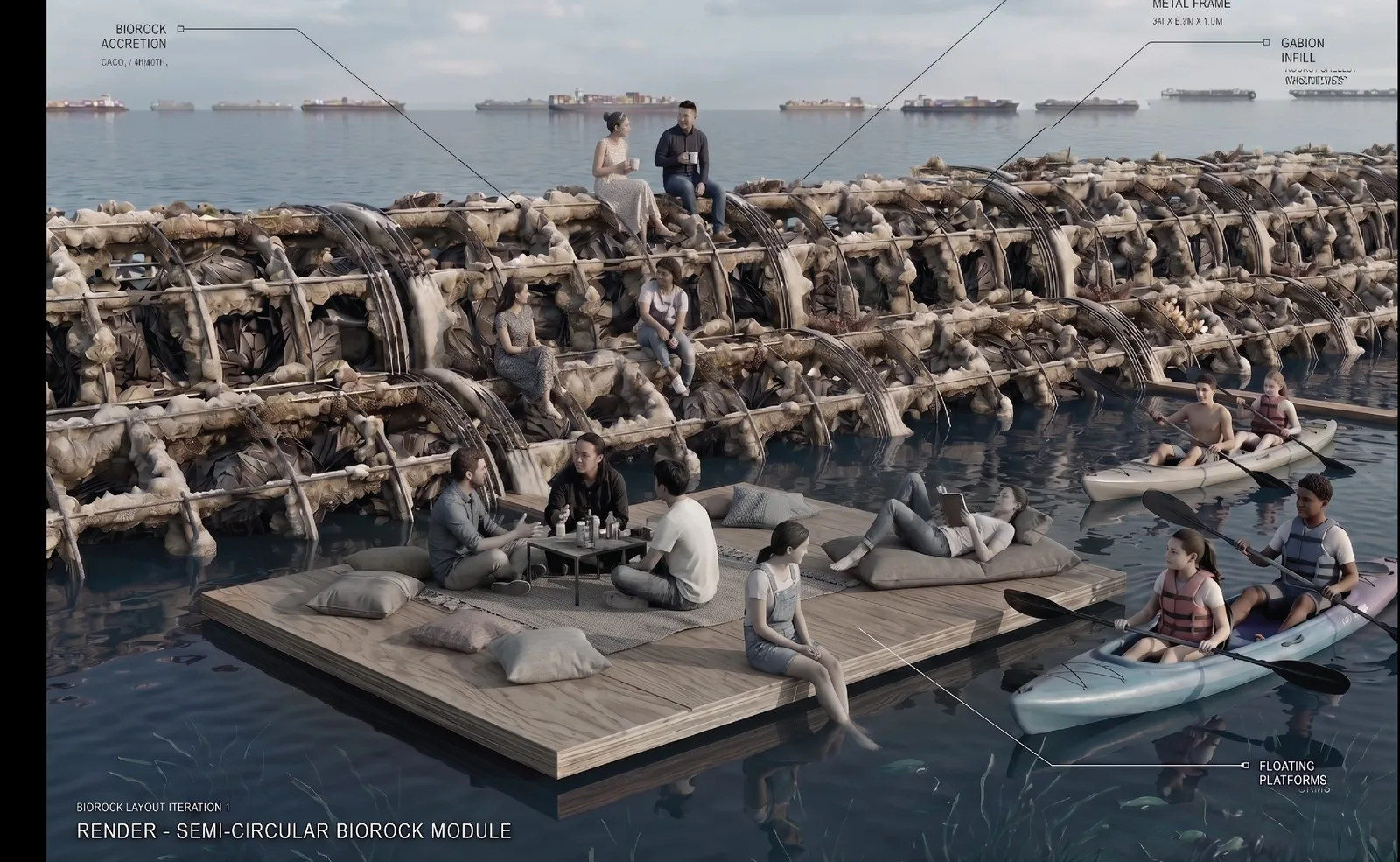 S.H.I.E.L.D — render of the semi-circular biorock reef with a floating platform, kayakers and visitors at the water's edge