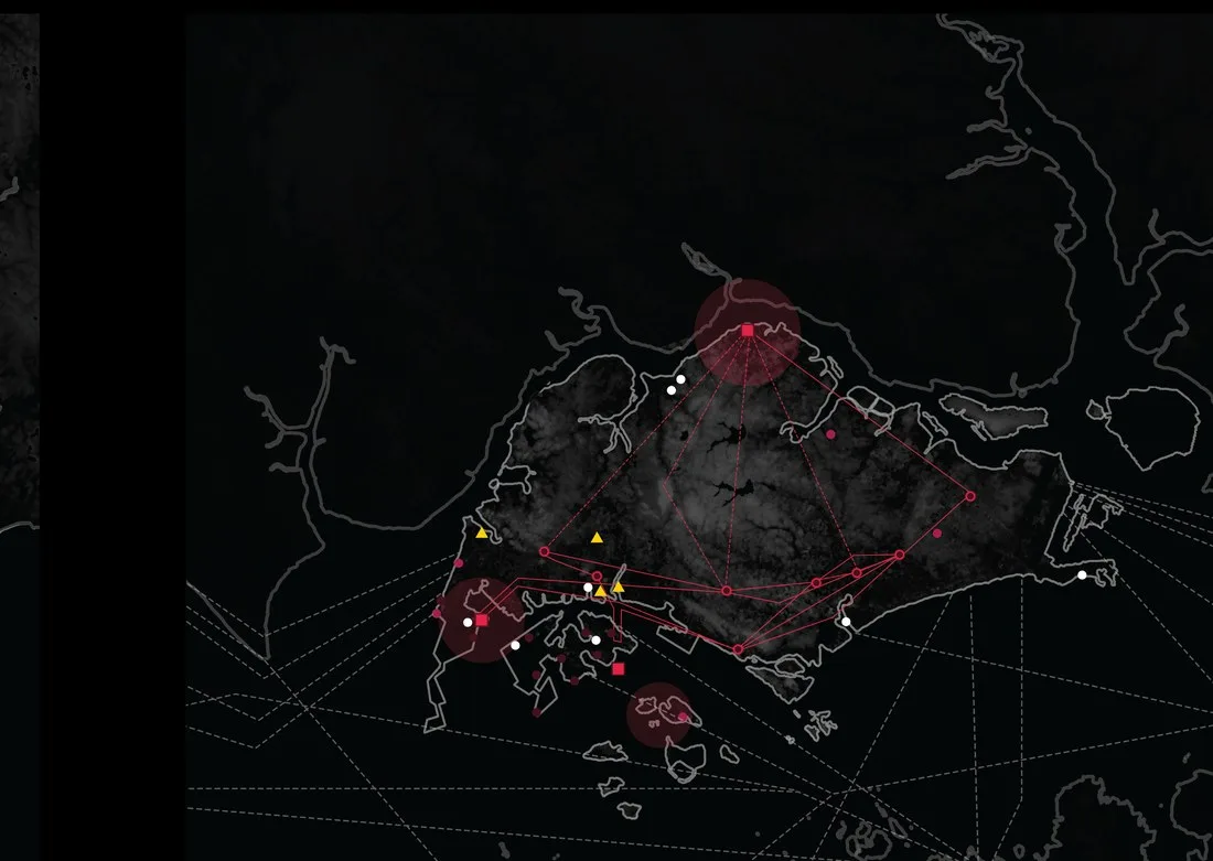 Analytical map of Singapore in red, showing energy flows and infrastructure density as a tight grid of lines concentrated along the southern and eastern coastal belt.