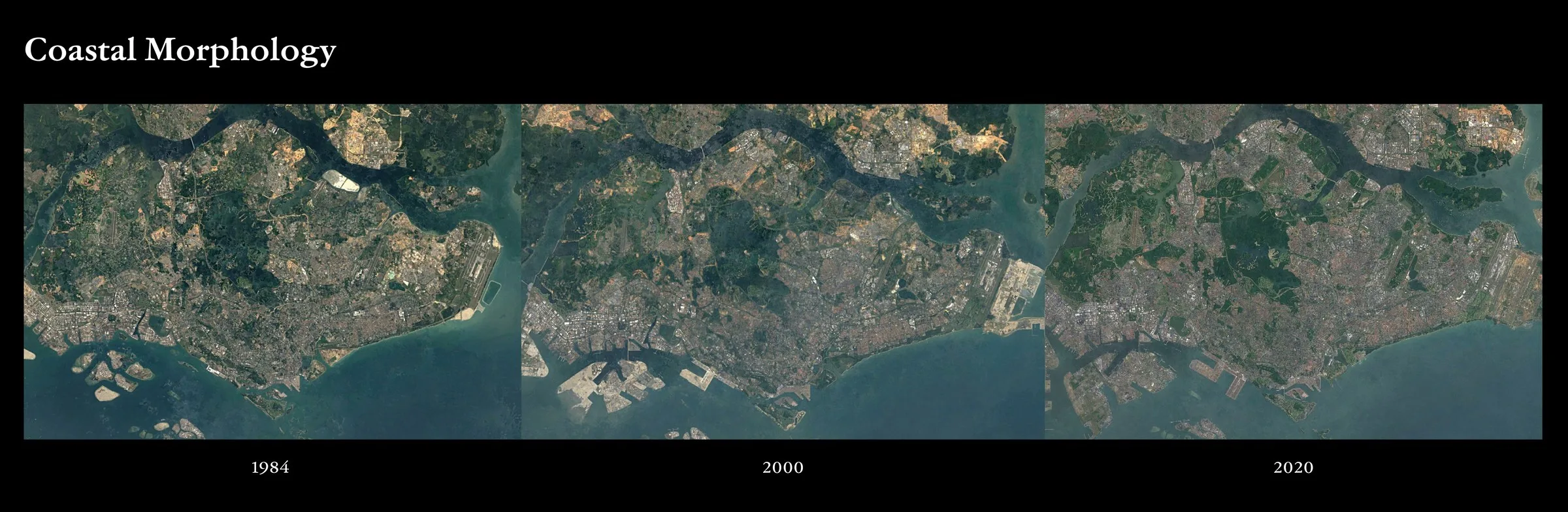 Coastal Morphology plate: a strip of three satellite images of the same stretch of Singapore's eastern shoreline dated 1984, 2000 and 2020, showing the coastline extending further seaward in each frame.