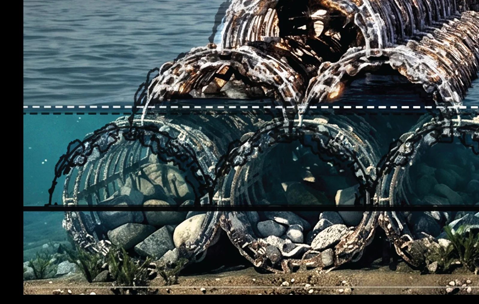 Close view of shell-packed biorock cages at the waterline, showing loose shells held inside the steel frame.