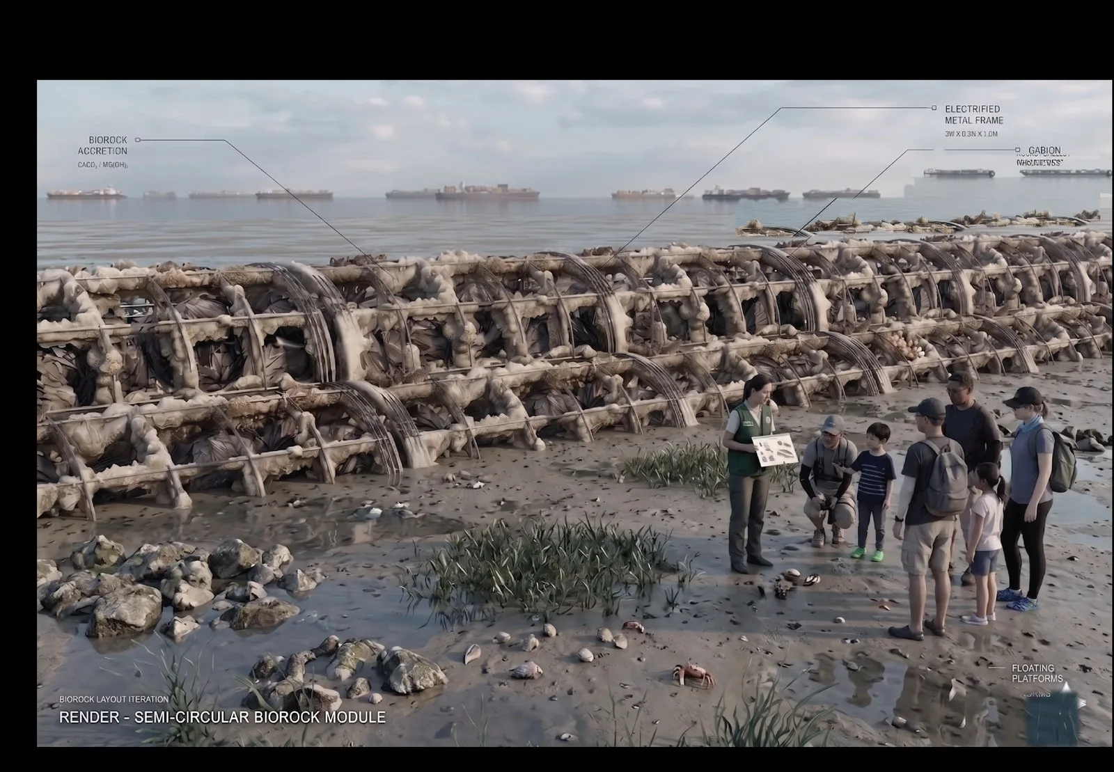 Render of a group of people standing on the exposed reef structure at low tide during a guided observation session