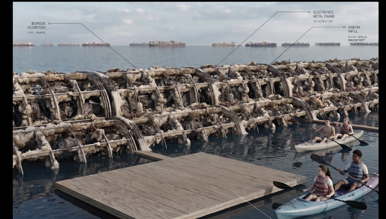 Render of a floating timber platform beside the shell-filled biorock breakwater with kayakers alongside