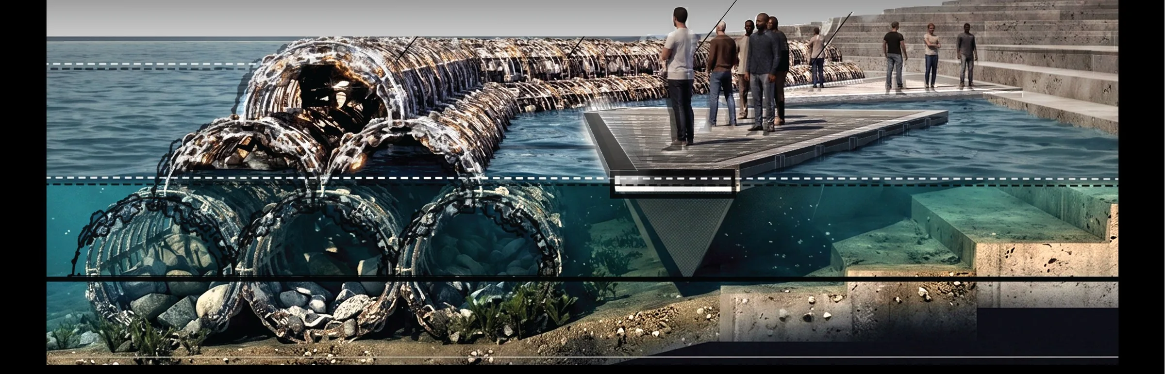 Split above-and-below-water view of shell-filled biorock cages, with people standing on a platform at the waterline