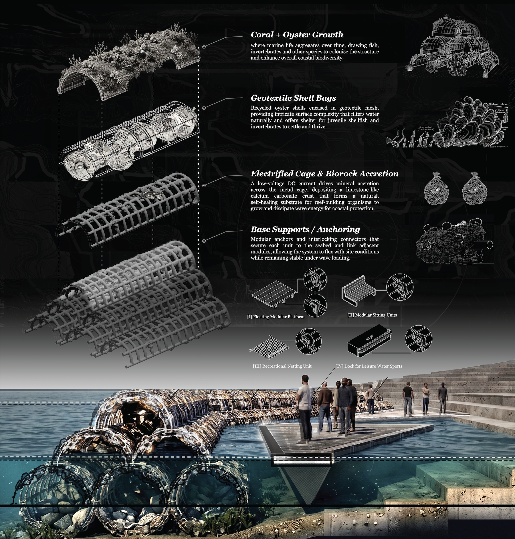 Full SHIELD research plate: exploded reef module with coral and oyster growth, shell bags, Biorock cage, anchoring and public-space attachments above an above-and-below-water view of the reef and platform